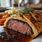 Close-up of homemade Beef Wellington on white plate