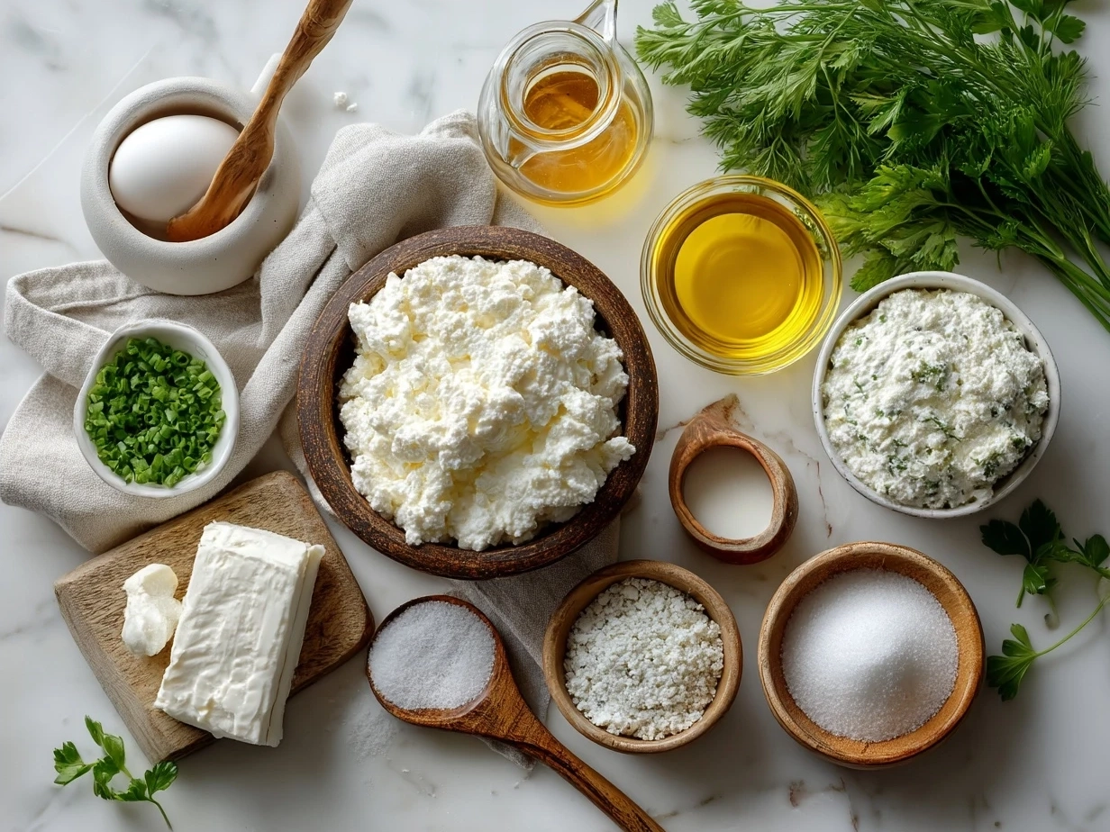 Ingredients for Cottage Cheese Ranch Dip laid out on the kitchen counter including cottage cheese, Greek yogurt, herbs, and seasonings