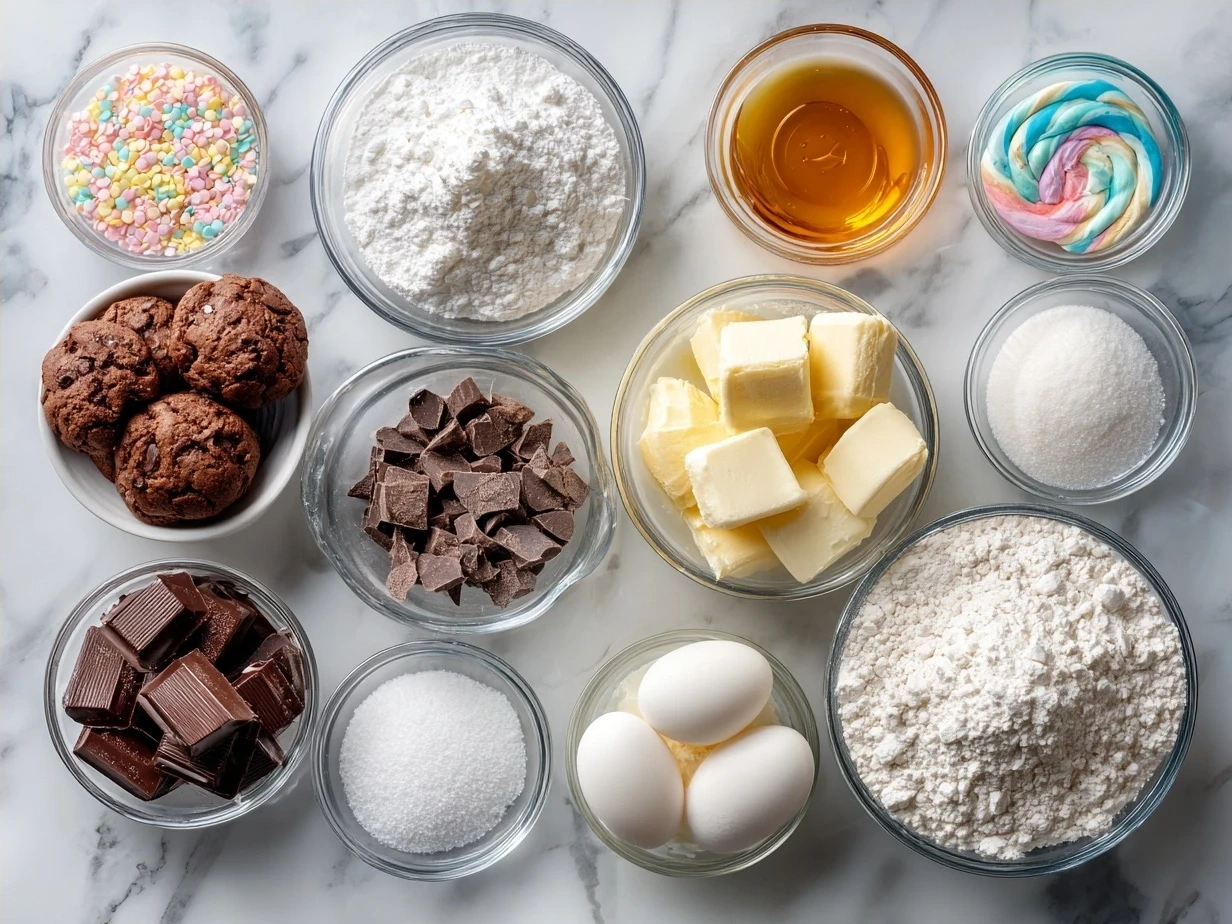 Ingredients for Cotton Candy Fudge including white chocolate chips, sweetened condensed milk, butter, vanilla extract, and cotton candy syrup