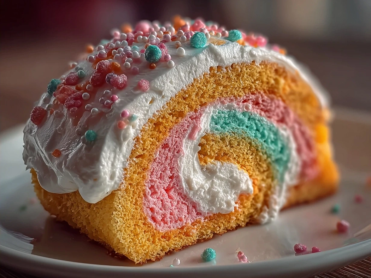 Served Cotton Candy Swiss Cake Roll sliced and garnished with fresh berries