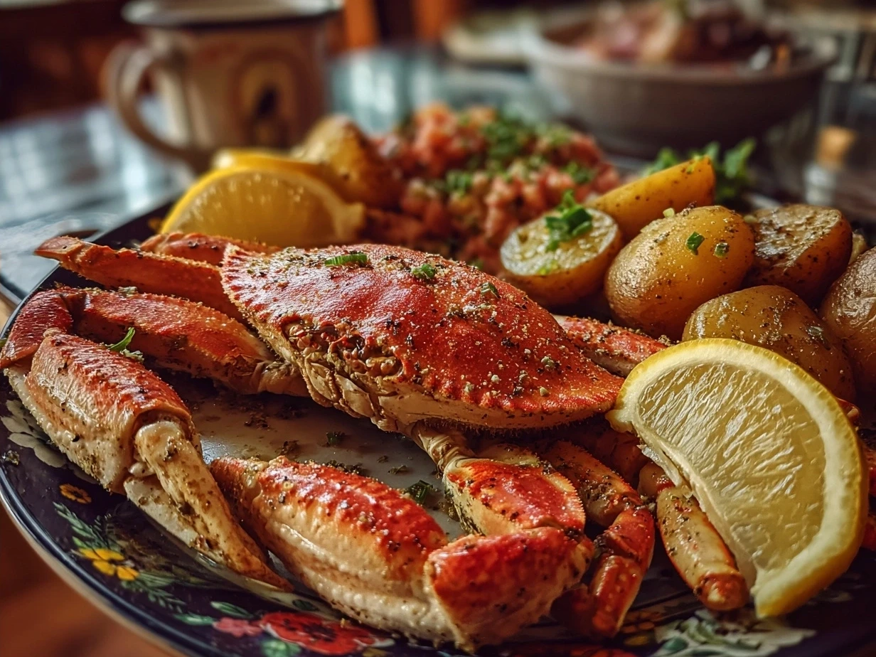 Platter of crab boil with crab legs, potatoes, corn, and sausage served with lemon wedges