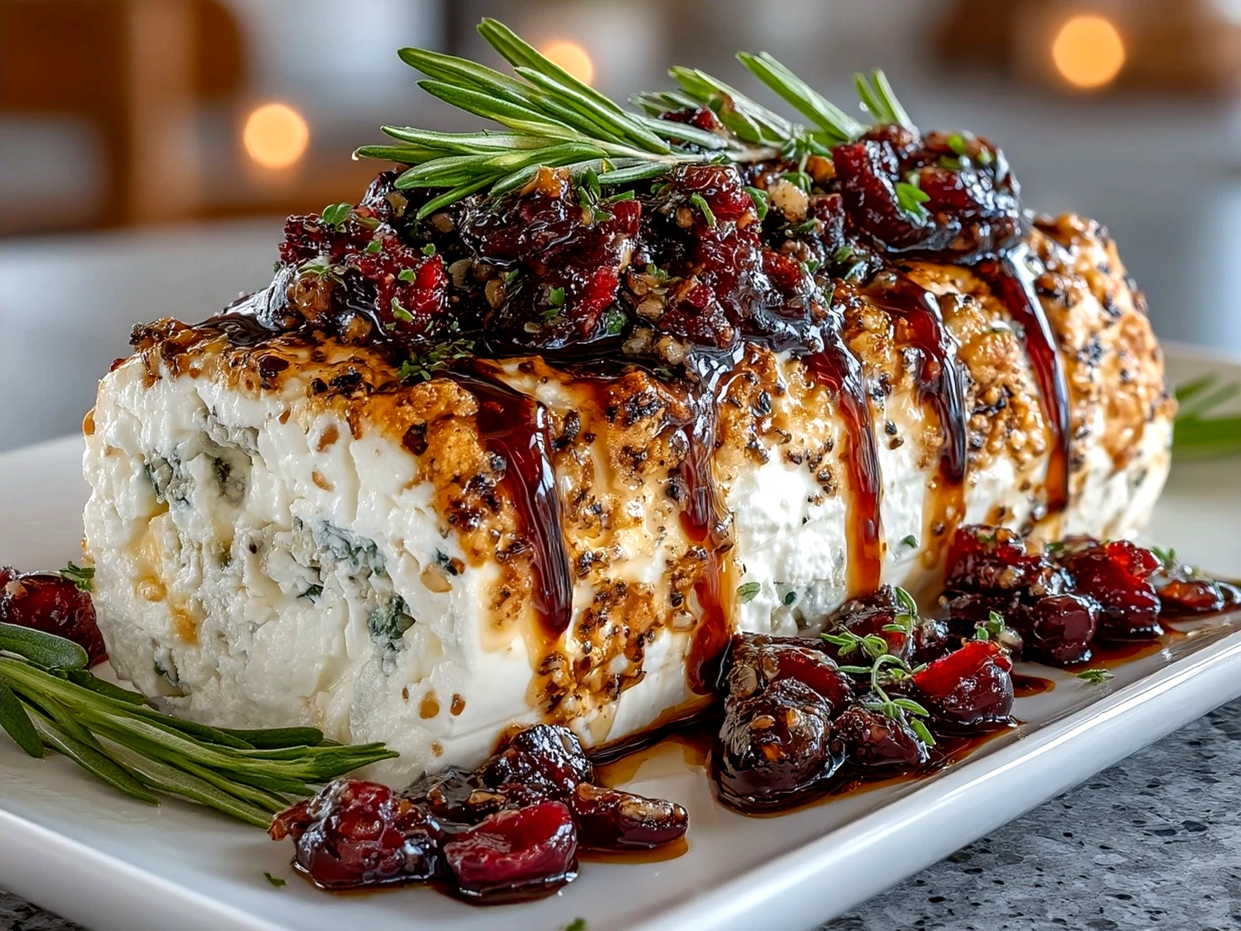Cranberry goat cheese log served on a platter with crackers and fresh herbs