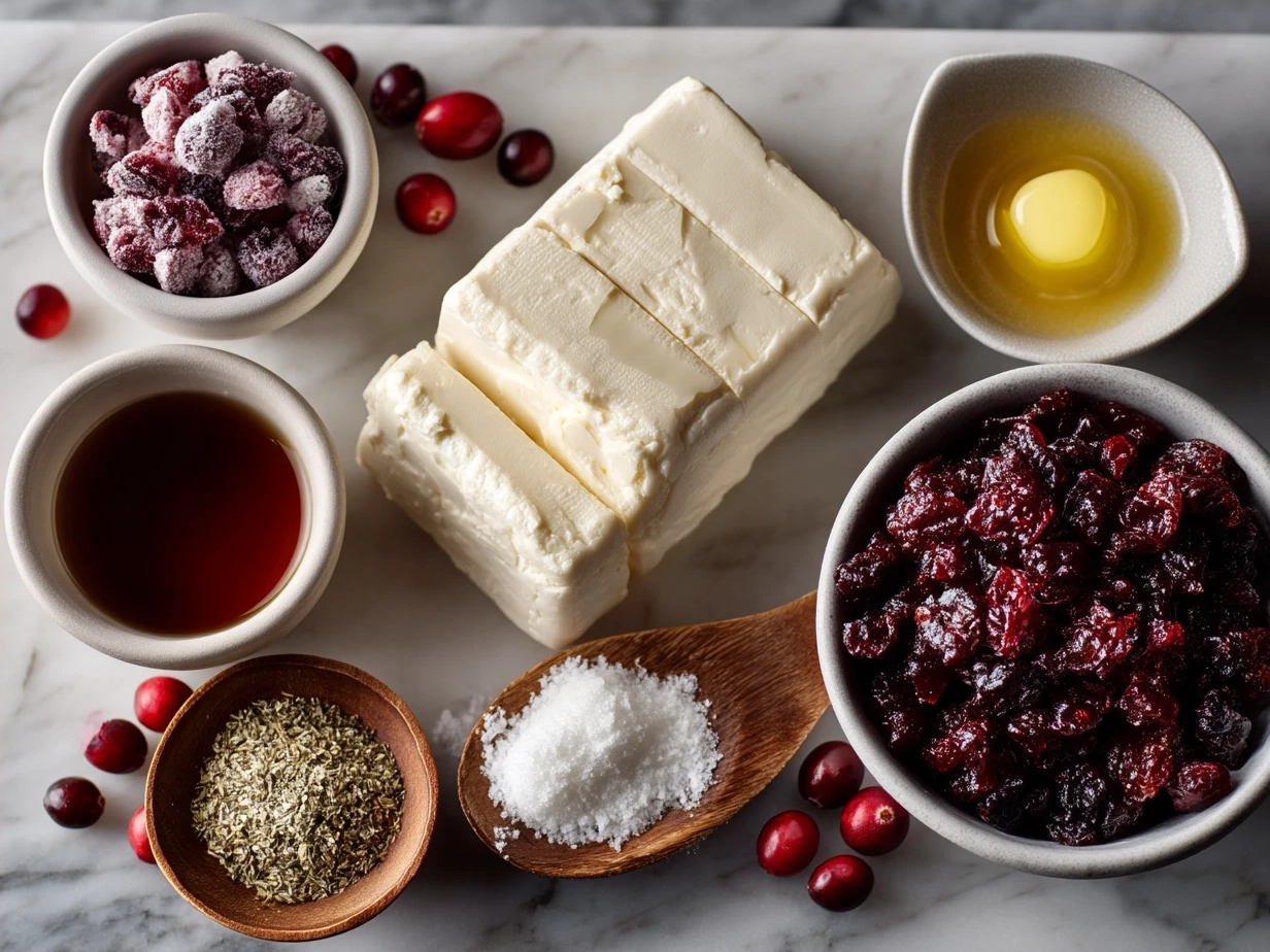 Ingredients for cranberry goat cheese log including goat cheese, dried cranberries, nuts, herbs, honey, and seasonings