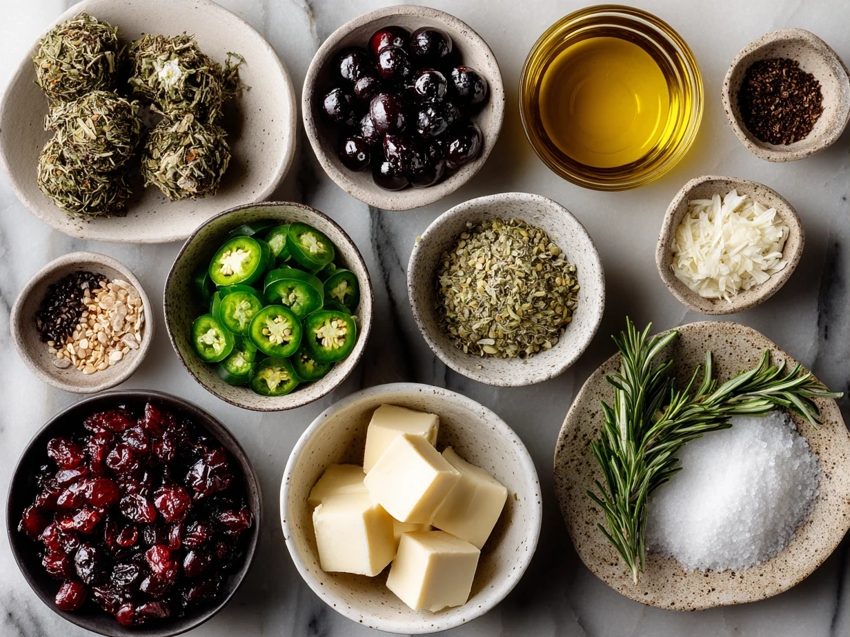 Ingredients for Cranberry Jalapeño Dip including cream cheese, cranberries, jalapeños, sugar, lime juice, salt, and green onions