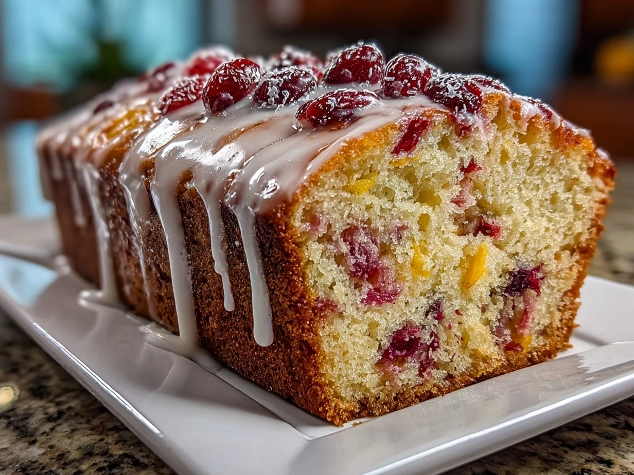 A freshly baked Cranberry Orange Bread with Glaze on a kitchen table ready to serve