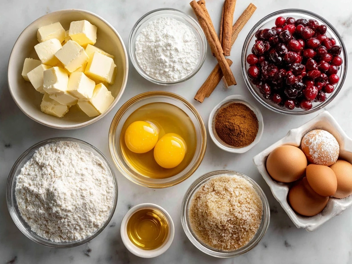 Ingredients for Cranberry Orange Bread with Glaze including flour, sugar, eggs, fresh cranberries, orange, and spices