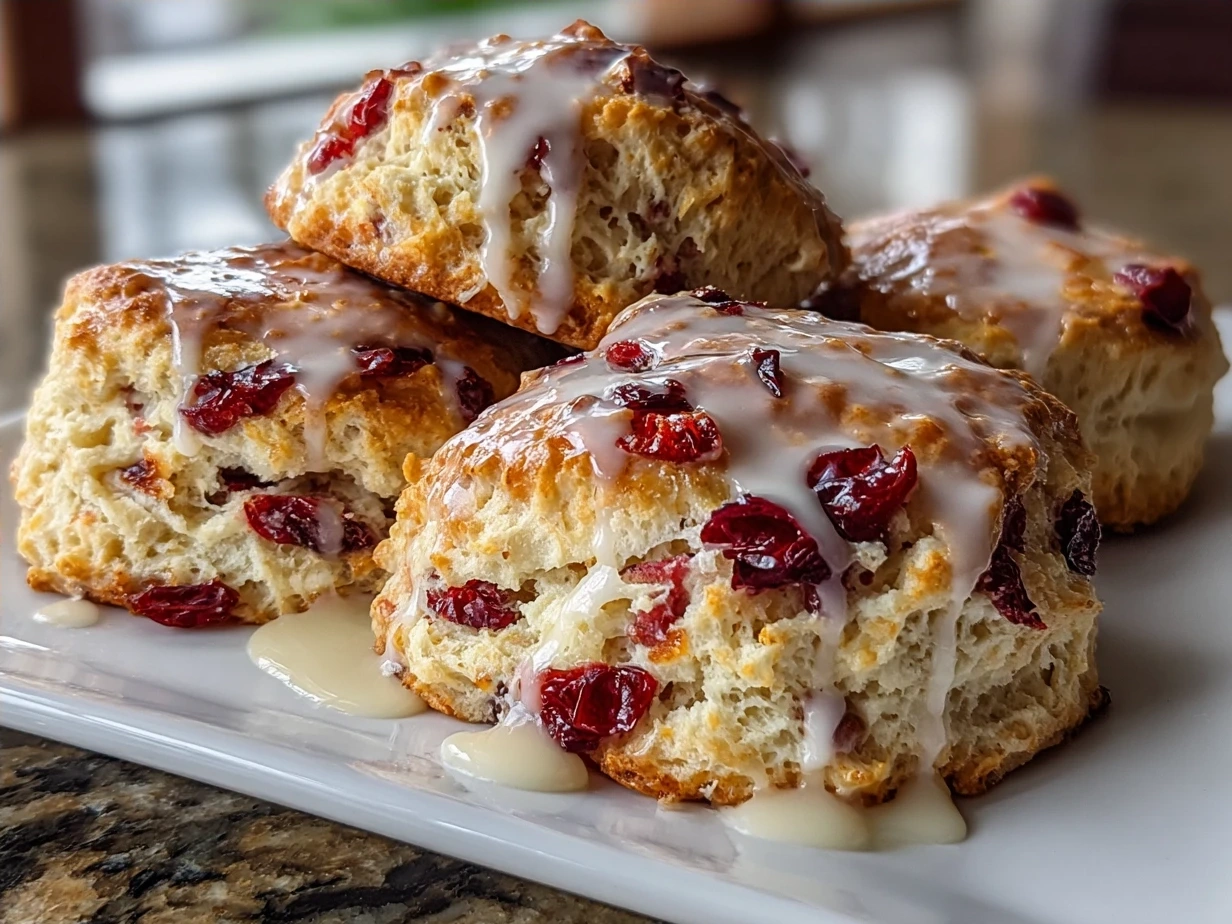 Freshly baked Cranberry Orange Scones served on a plate with coffee