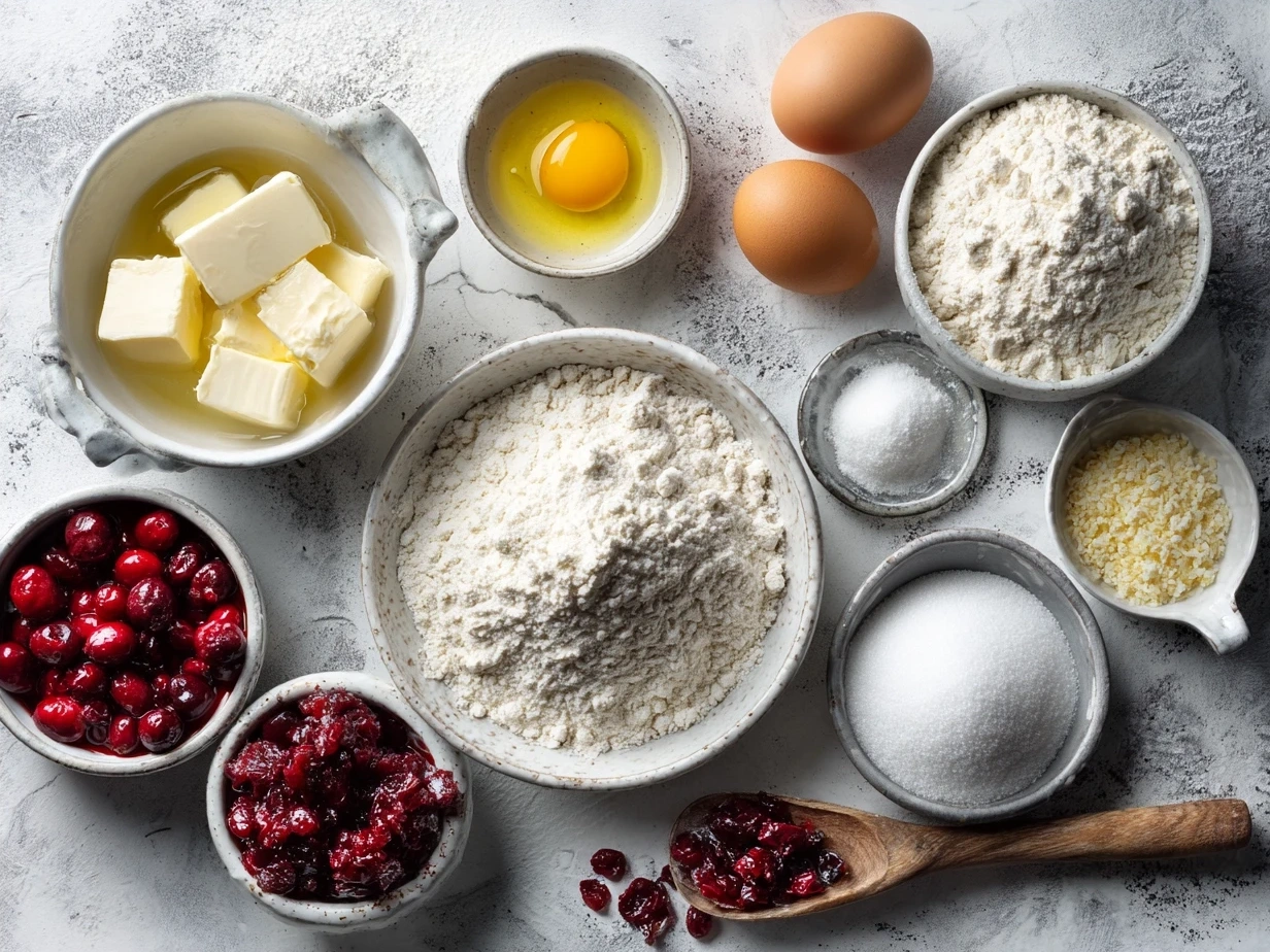 Ingredients for Cranberry Orange Scones including flour, butter, cranberries, orange and sugar