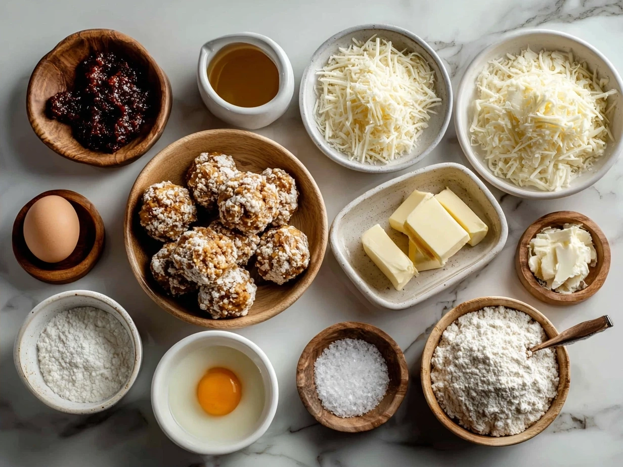 Ingredients for Cream Cheese Sausage Balls including ground pork sausage, cream cheese, Bisquick, shredded cheddar, and spices