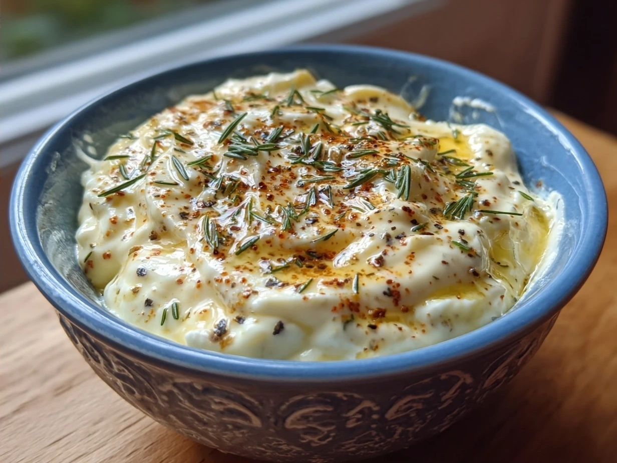 Creamy horseradish sauce served in a small bowl alongside roast beef and fries