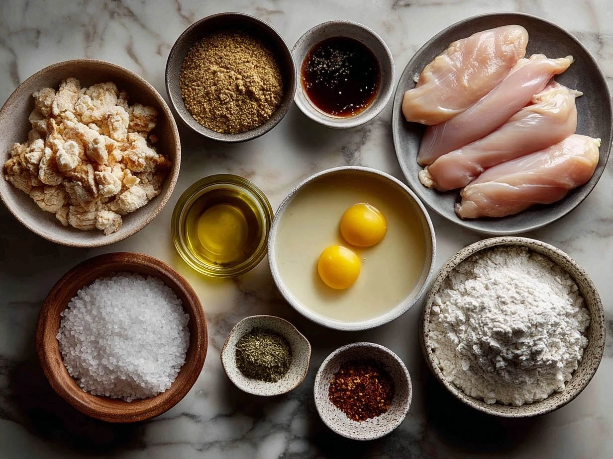 Ingredients for Crispy Chicken Tenders with Dipping Sauce laid out on a wooden table