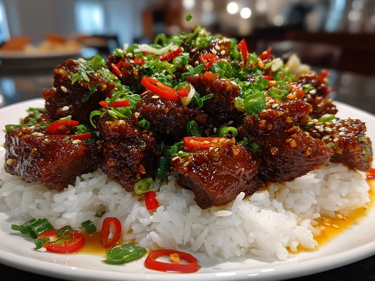 Finished plate of Crispy Chilli Beef garnished with spring onions and sesame seeds