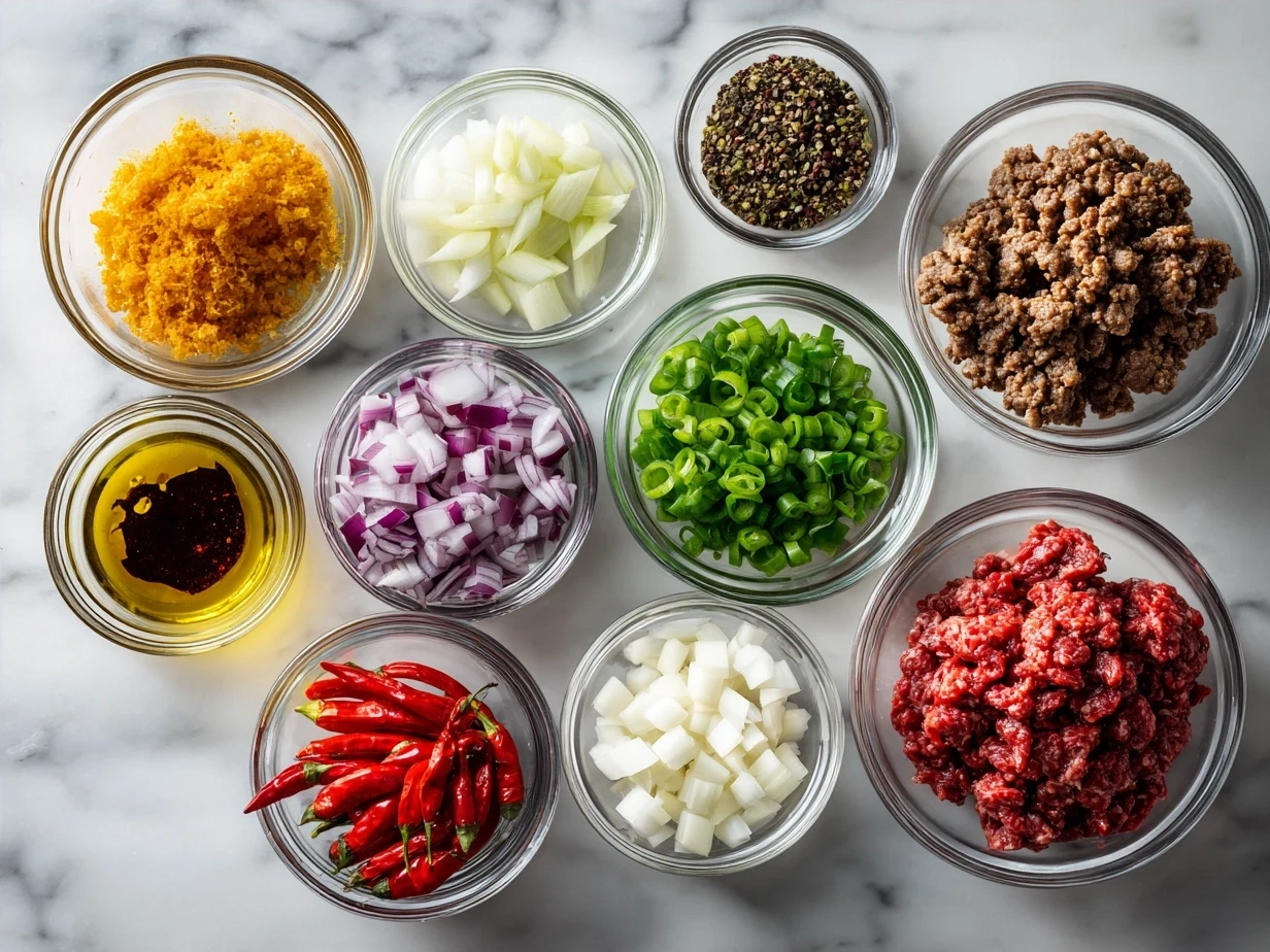 Ingredients for making Crispy Chilli Beef laid out on a table
