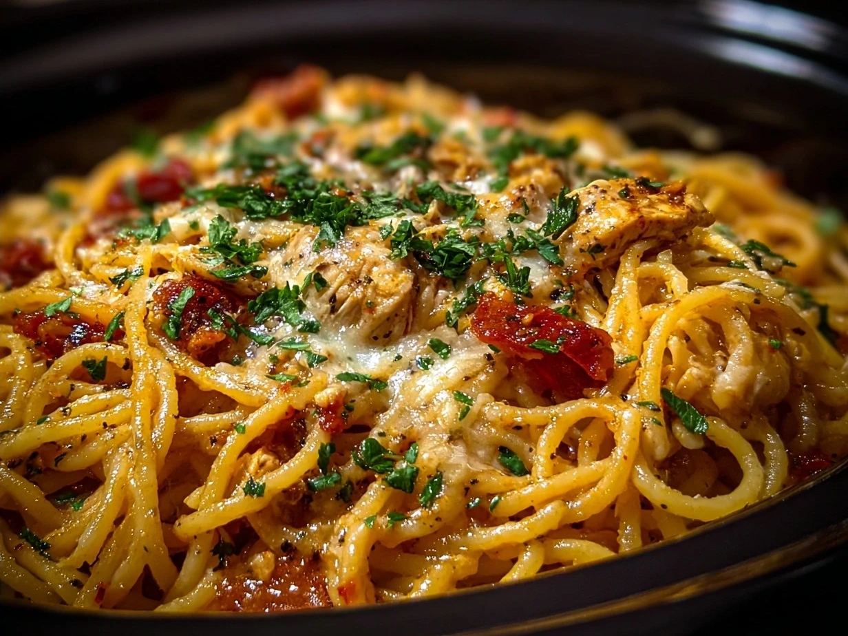 Serving of creamy Crockpot Chicken Spaghetti