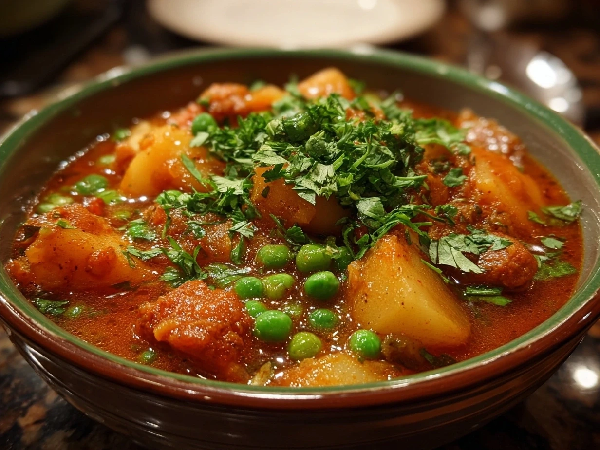 Bowl of Crockpot Potato Pea Curry garnished with fresh cilantro