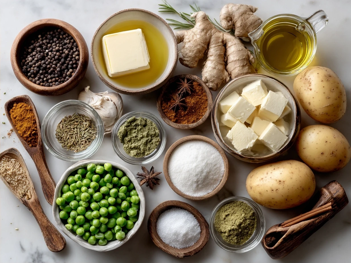 Ingredients for Crockpot Potato Pea Curry laid out on a kitchen counter