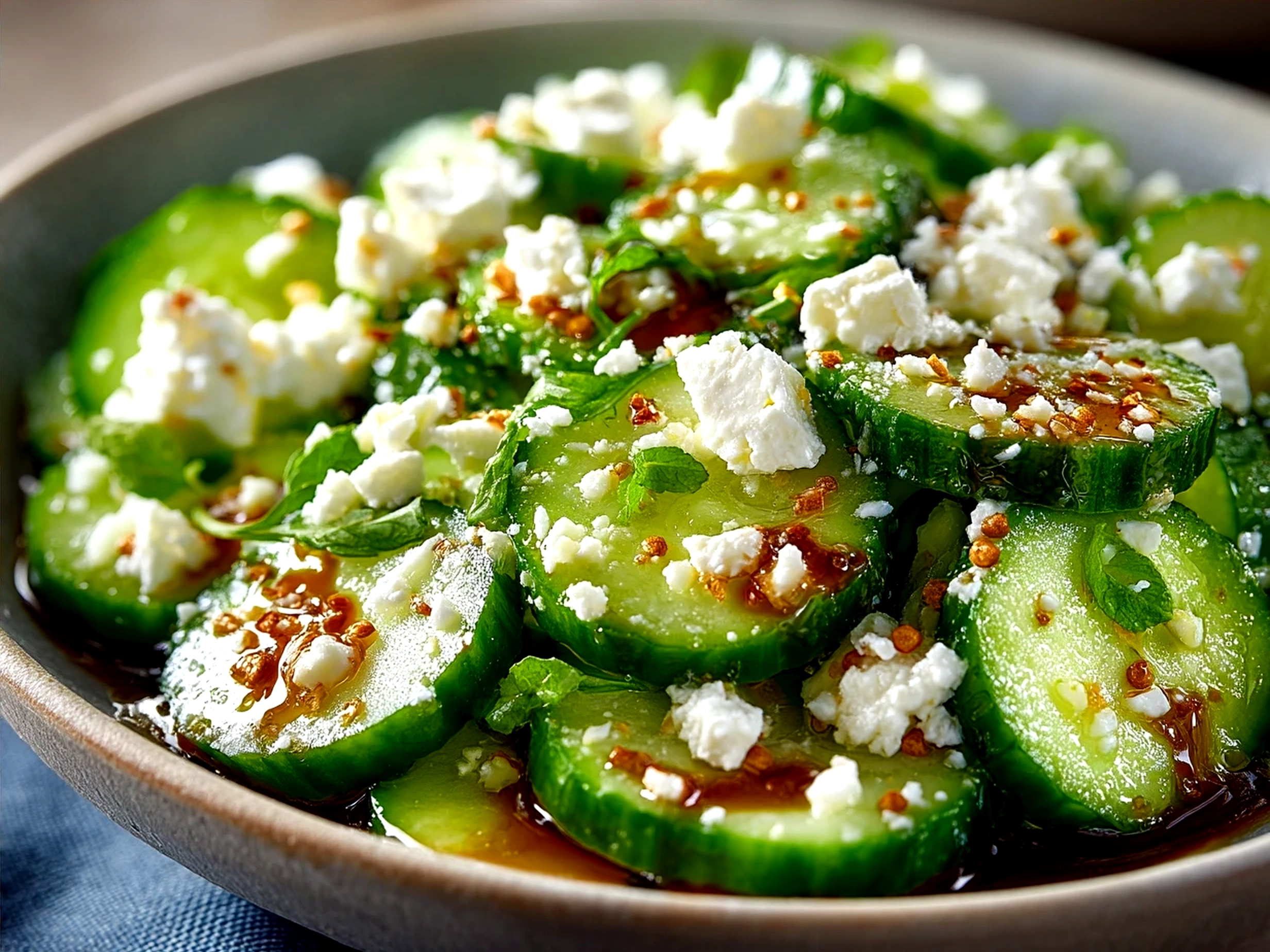 Freshly prepared Cucumber Feta Salad served in a white bowl ready to eat