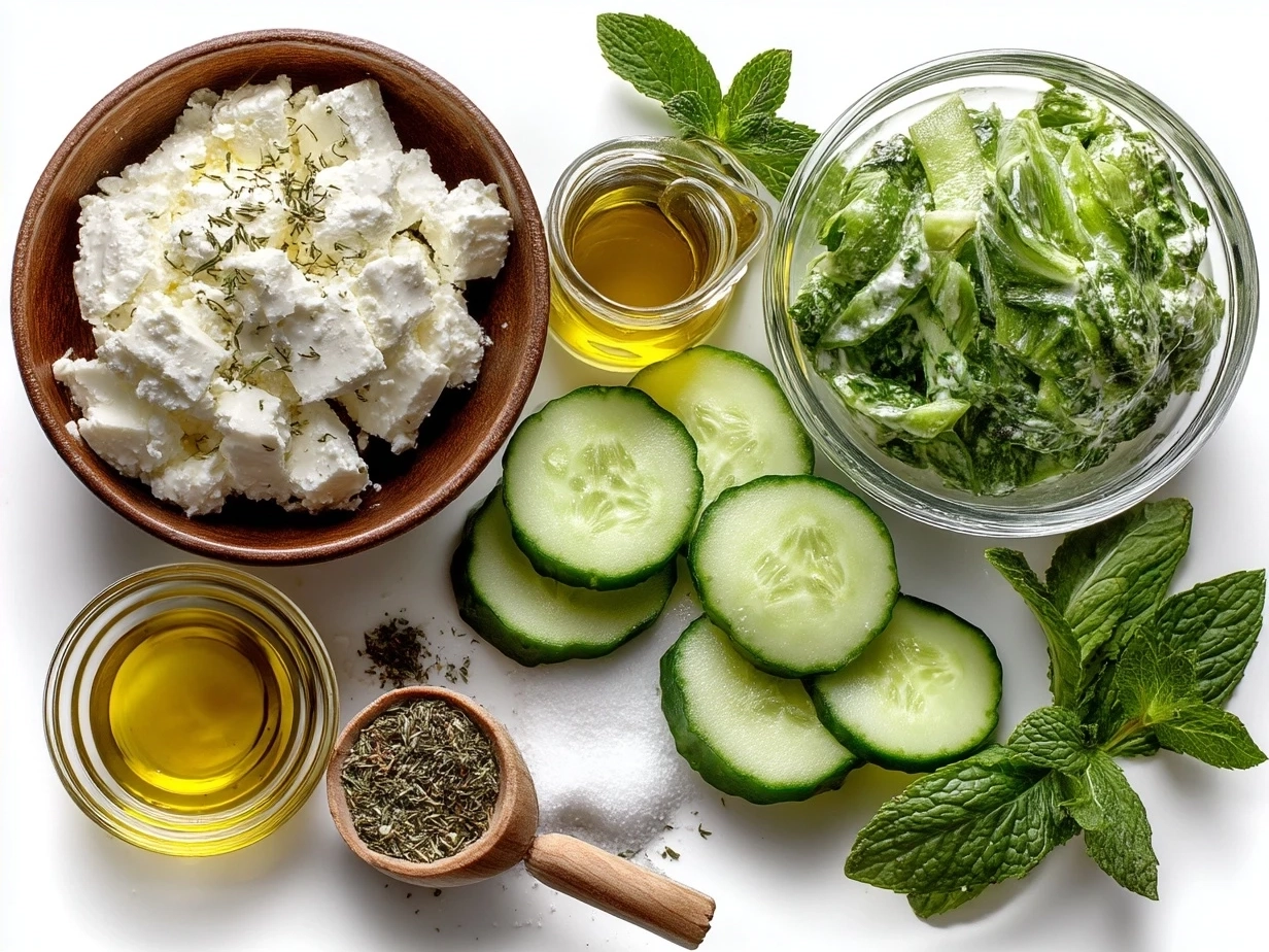Ingredients for Cucumber Feta Salad laid out on a kitchen counter