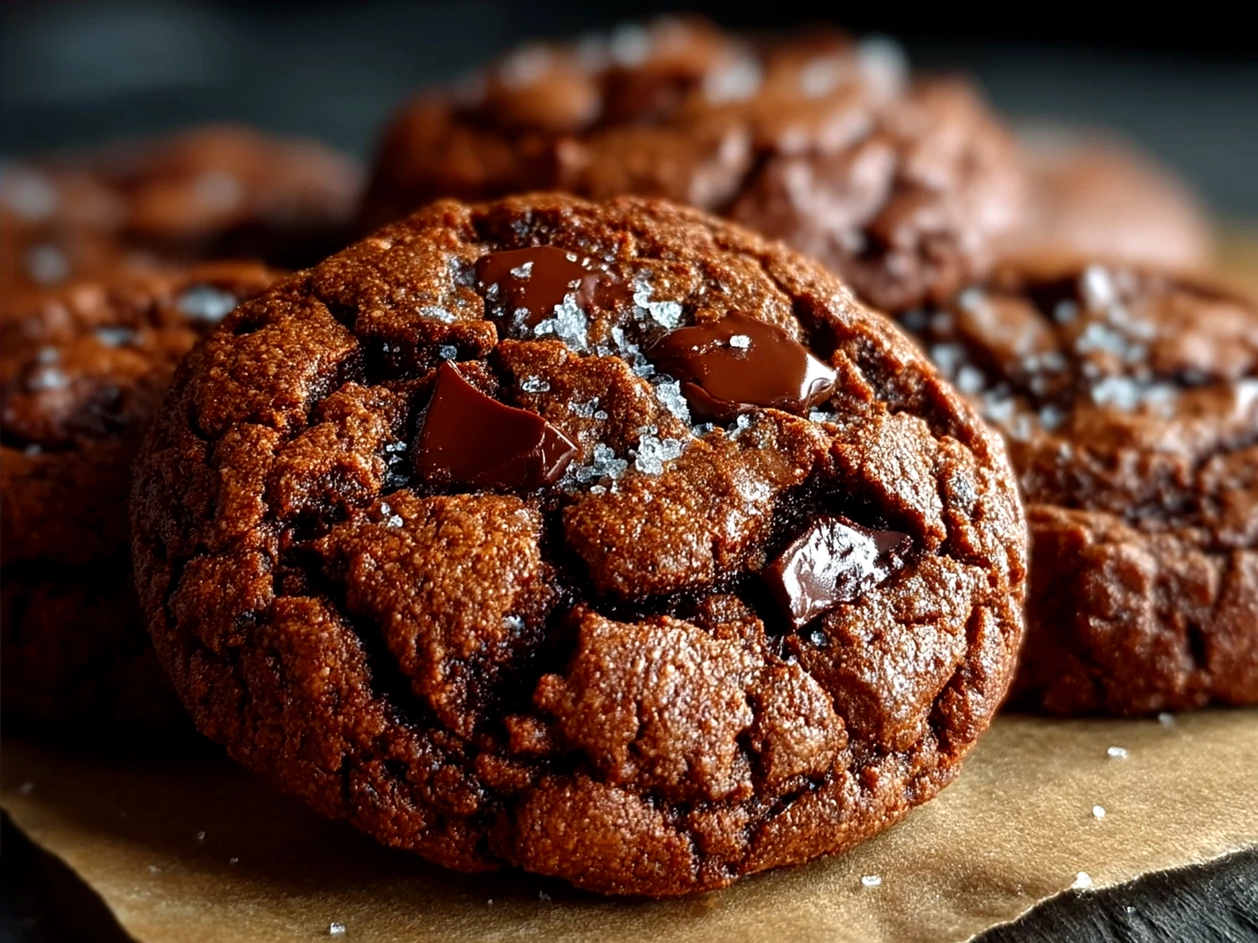 Freshly baked Double Chocolate Cookies stacked on a plate