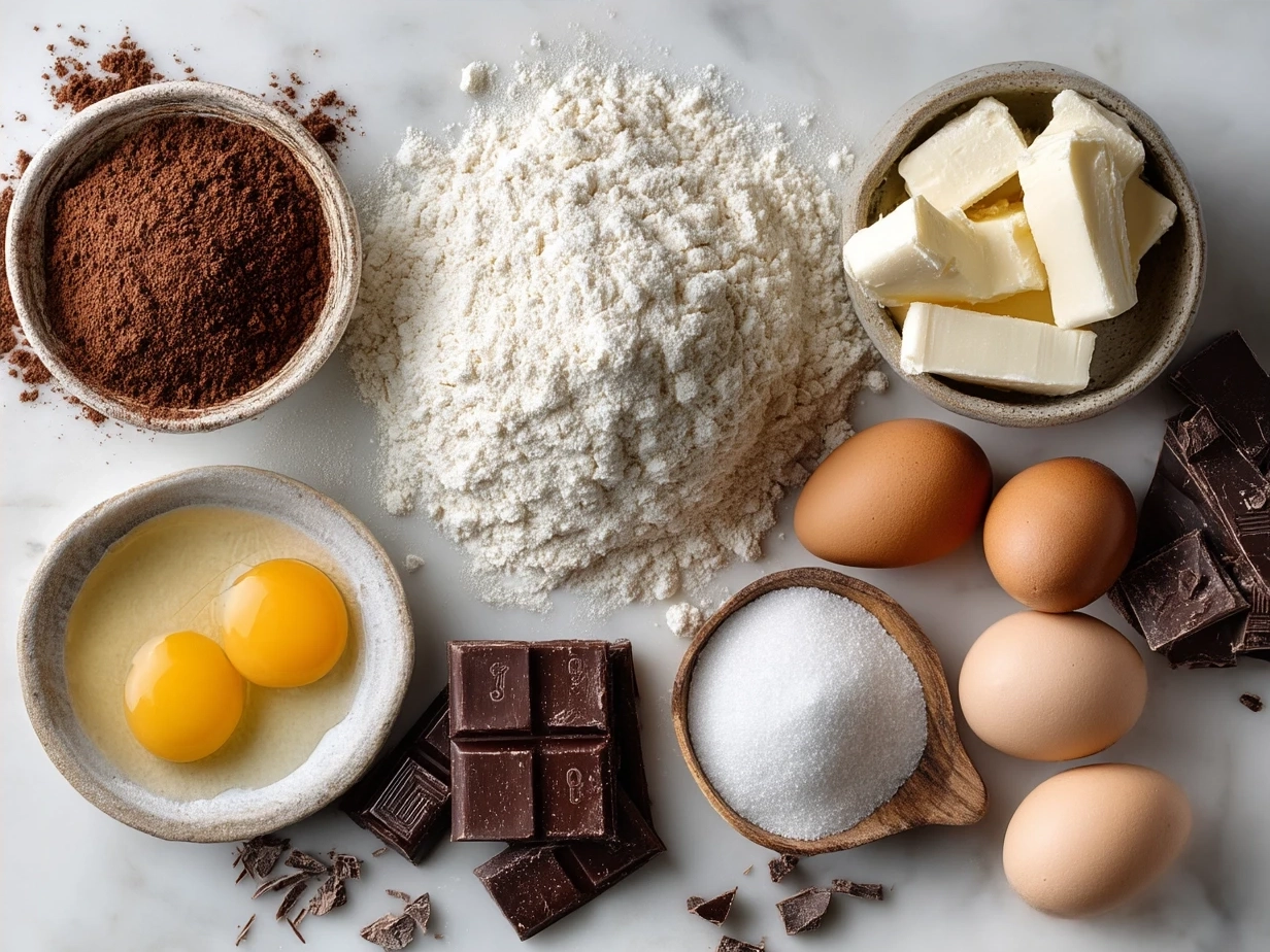 Ingredients for Double Chocolate Cookies laid out on a kitchen countertop