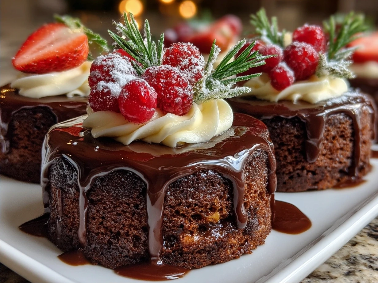 Festive Mini Christmas Cakes with Ganache served on a festive platter