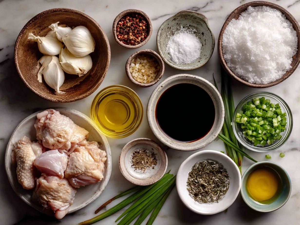 Ingredients for Filipino Chicken Adobo laid out on a kitchen counter
