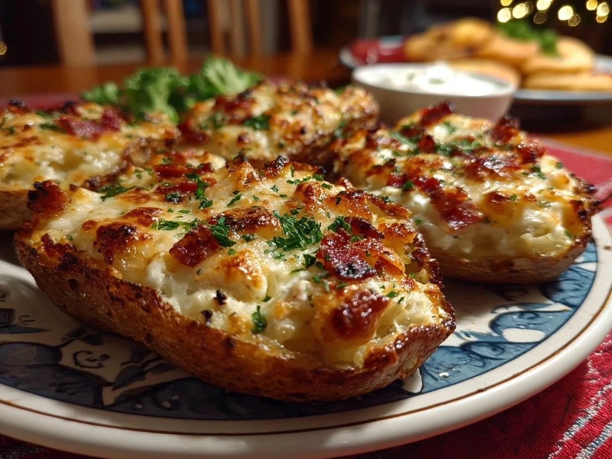 Finished homemade cheesy potato skins with melted cheese and bacon