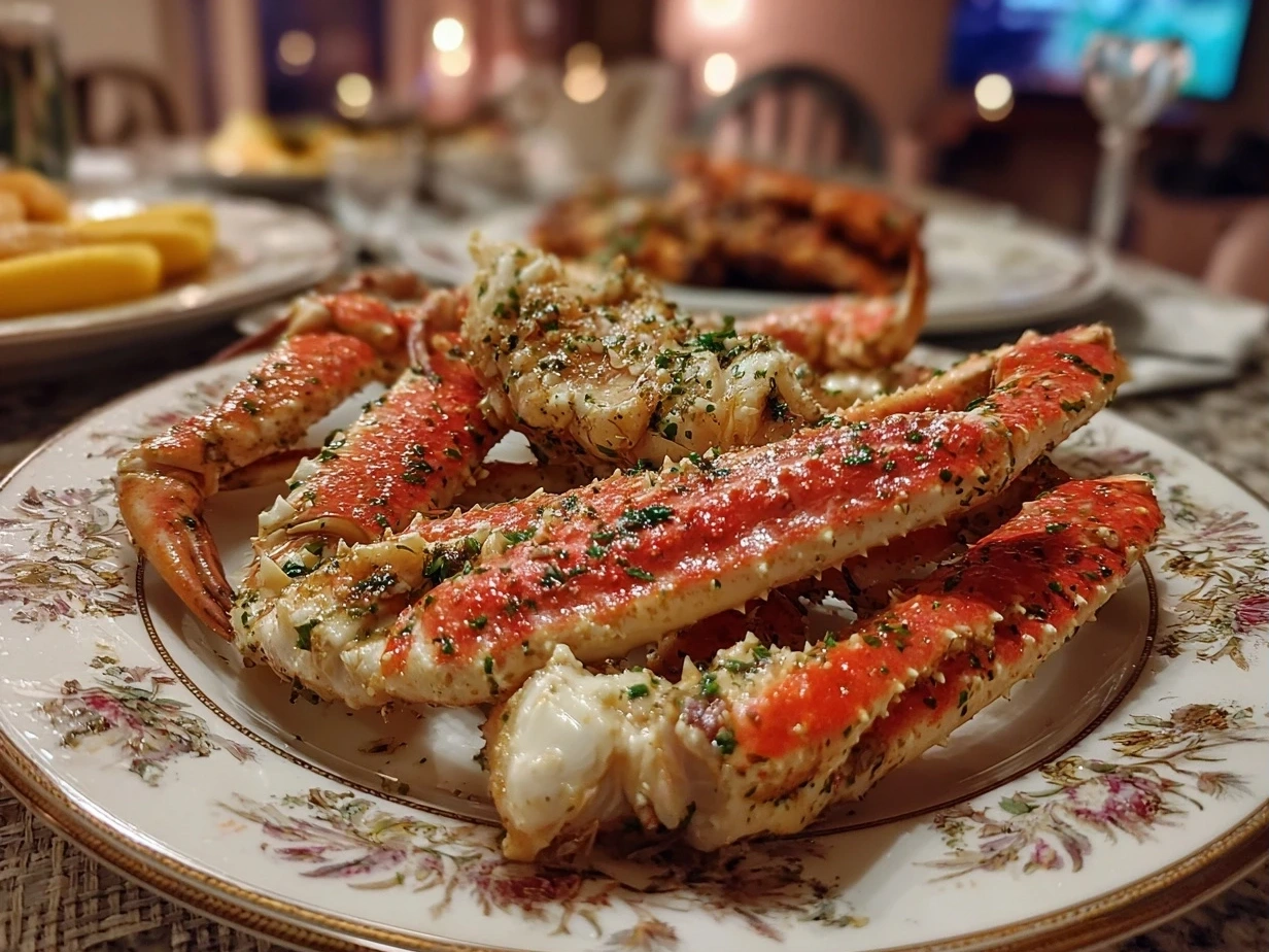 Finished Oven Baked Snow Crab Legs served on a plate with lemon wedges and parsley