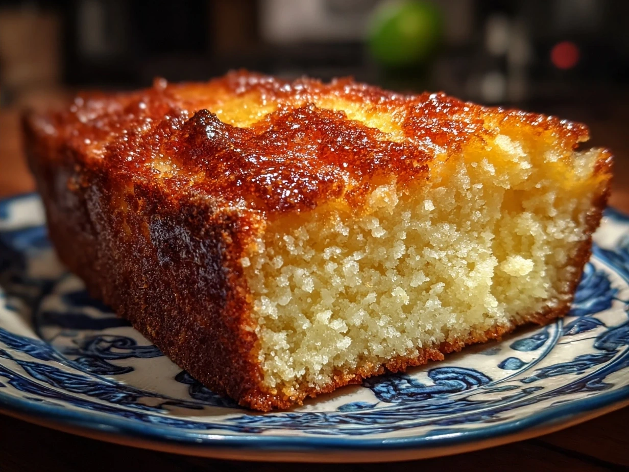 A slice of finished French Butter Cake served with fresh berries and a dusting of powdered sugar