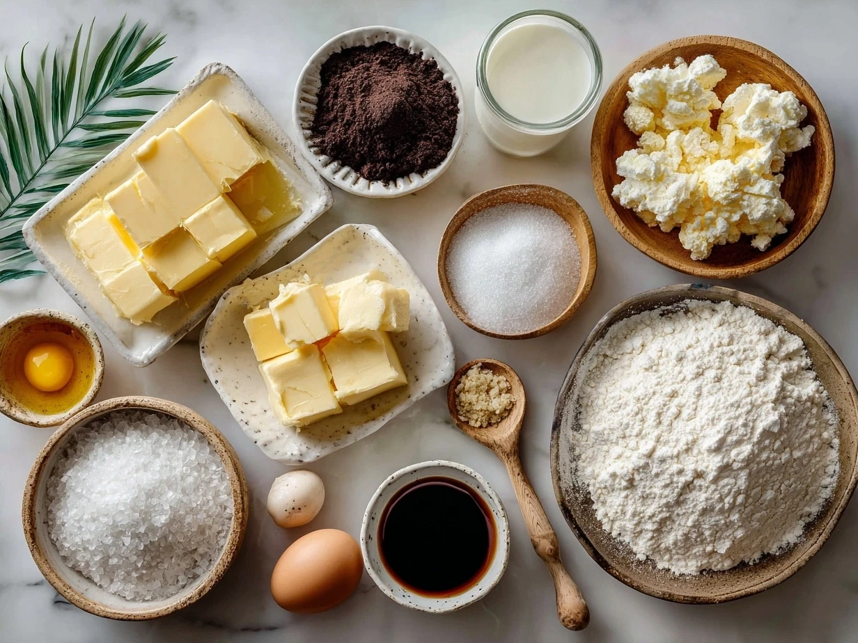 Ingredients for French Butter Cake arranged on wooden background