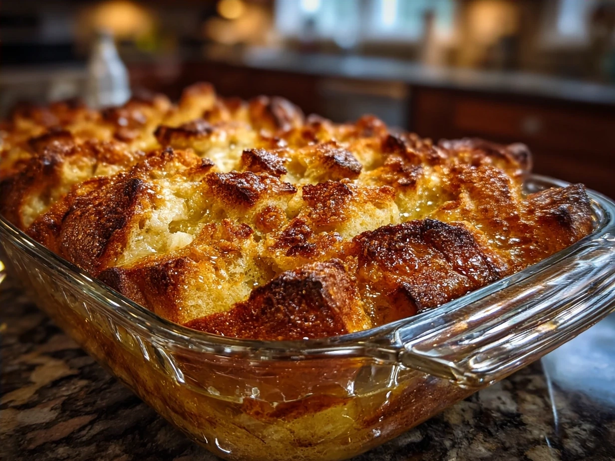 Warm French Toast Bake served with powdered sugar and fresh fruit