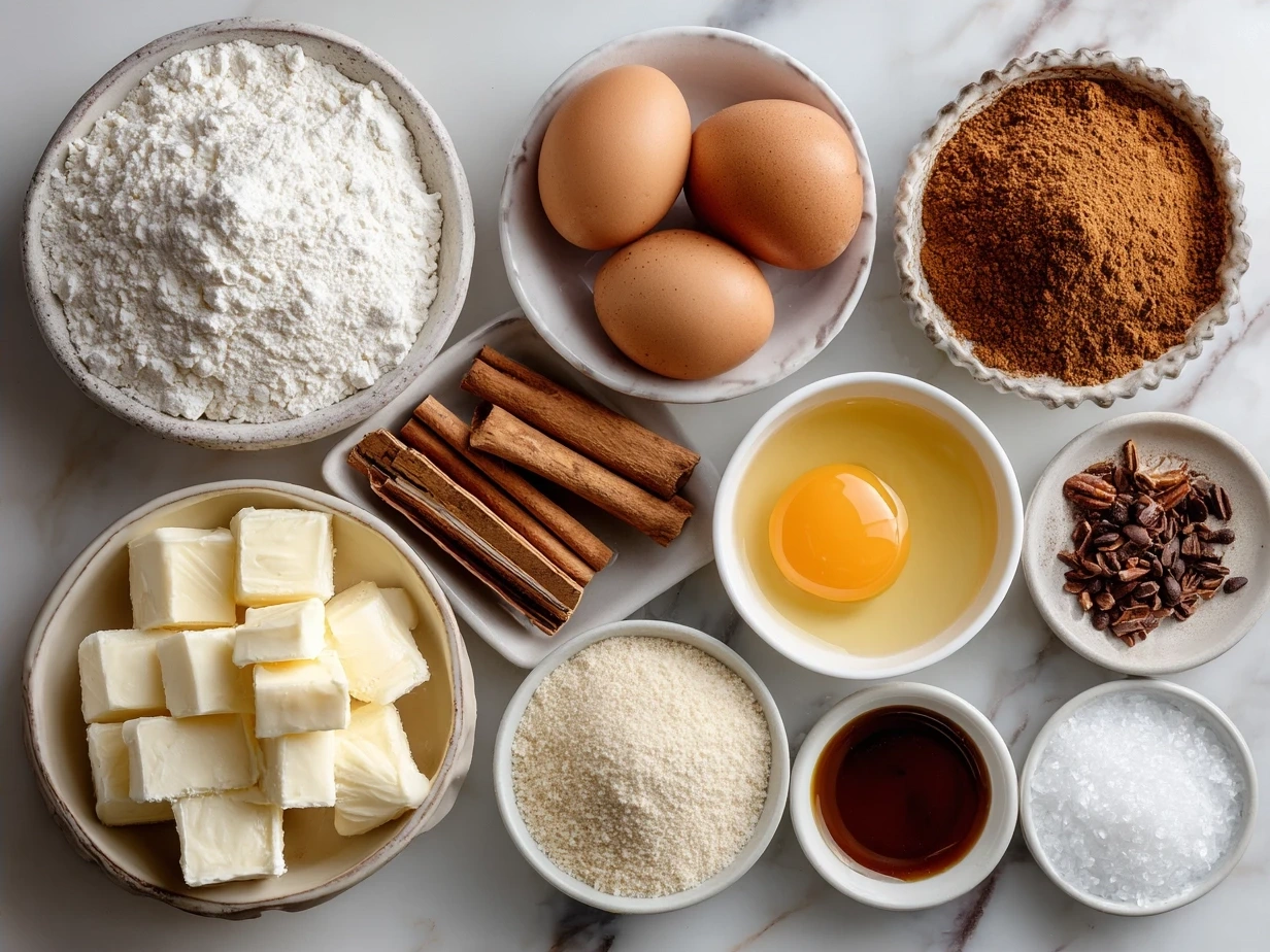 Ingredients for French Toast Bake recipe including bread, eggs, milk, sugar, spices, and vanilla
