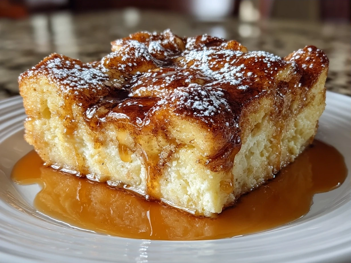 Freshly baked French Toast Casserole served with syrup and powdered sugar