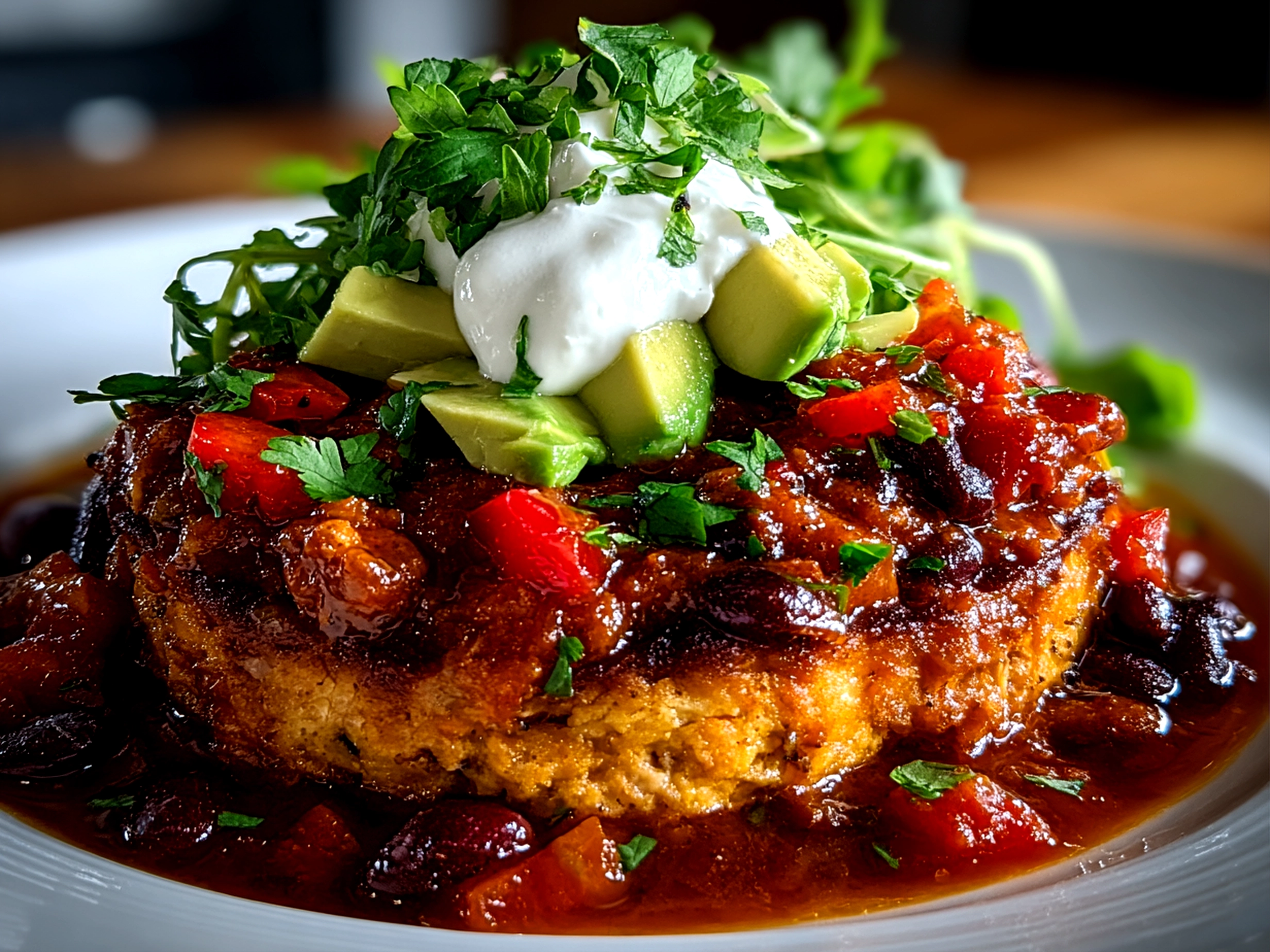 Freshly prepared Turkey Burger Chili served in rustic bowl