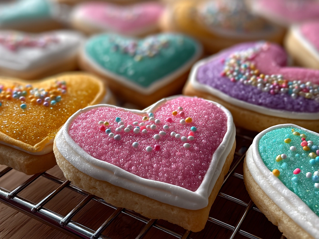 A decorative plate of frosted heart sugar cookies in red and pink colors ready to serve