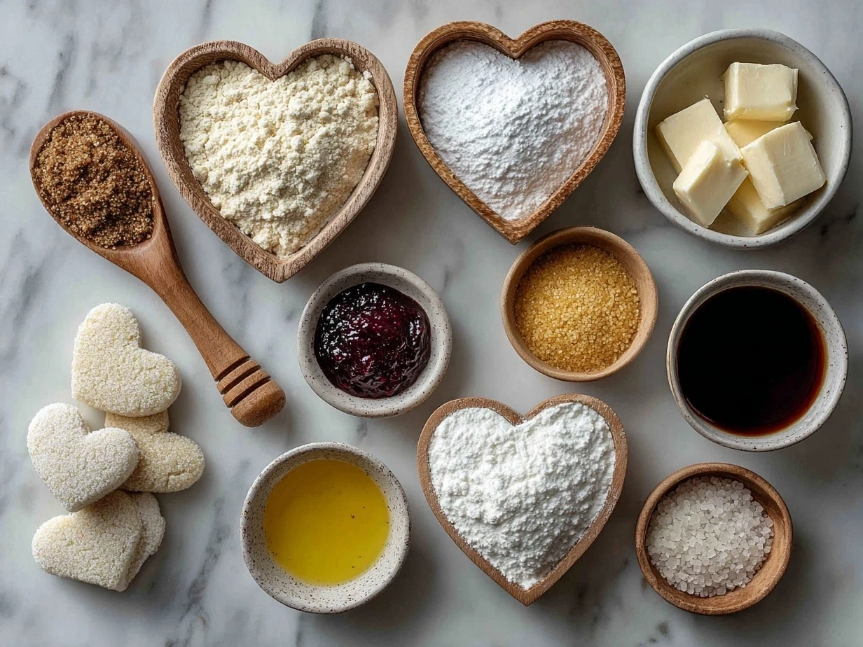 Ingredients for Frosted Heart Sugar Cookies laid out on a kitchen table