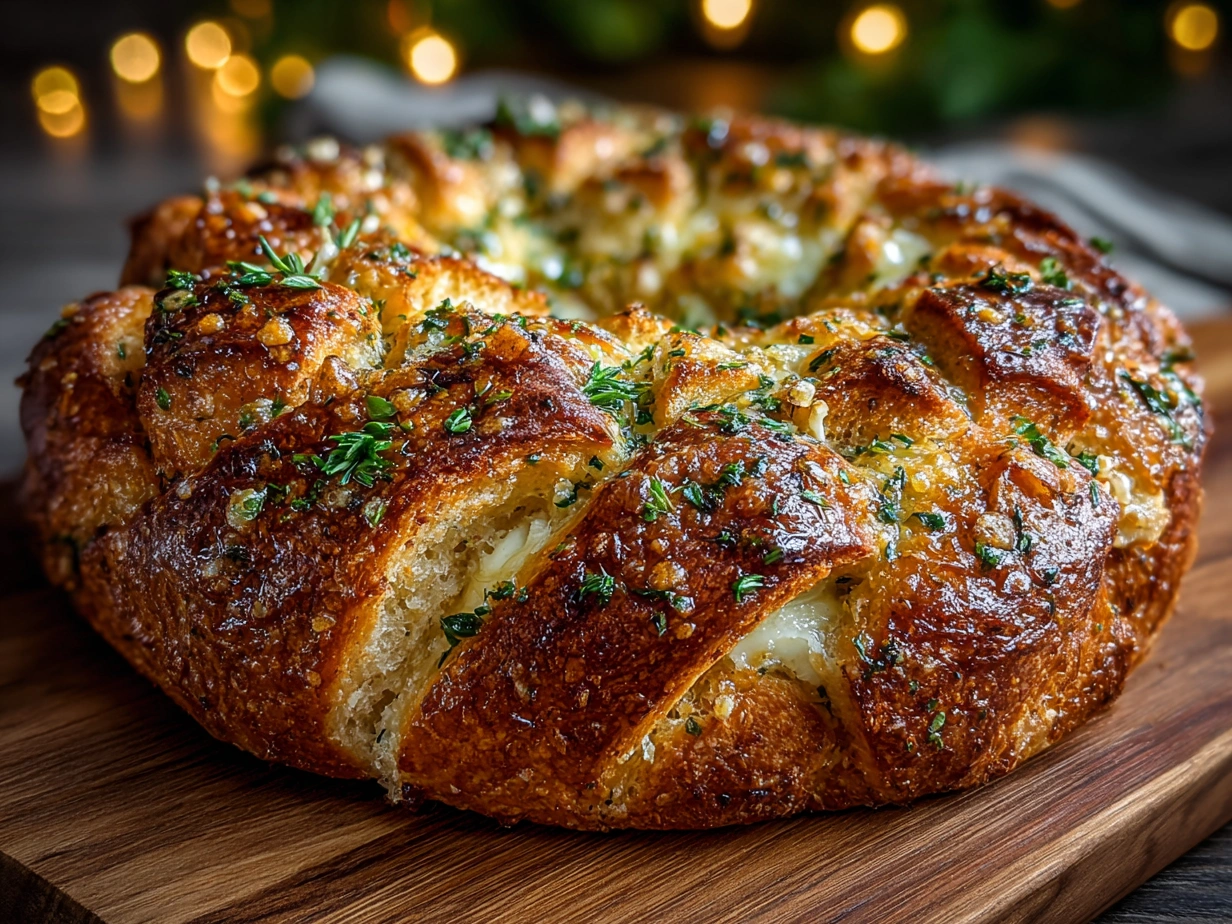 Final serving of Garlic Bread Wreath with Baked Brie on a festive table ready to eat