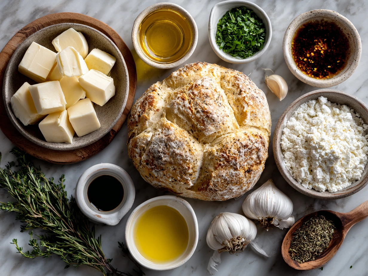 Ingredients for Garlic Bread Wreath with Baked Brie including bread, butter, garlic, parsley, Parmesan cheese, and brie wheel