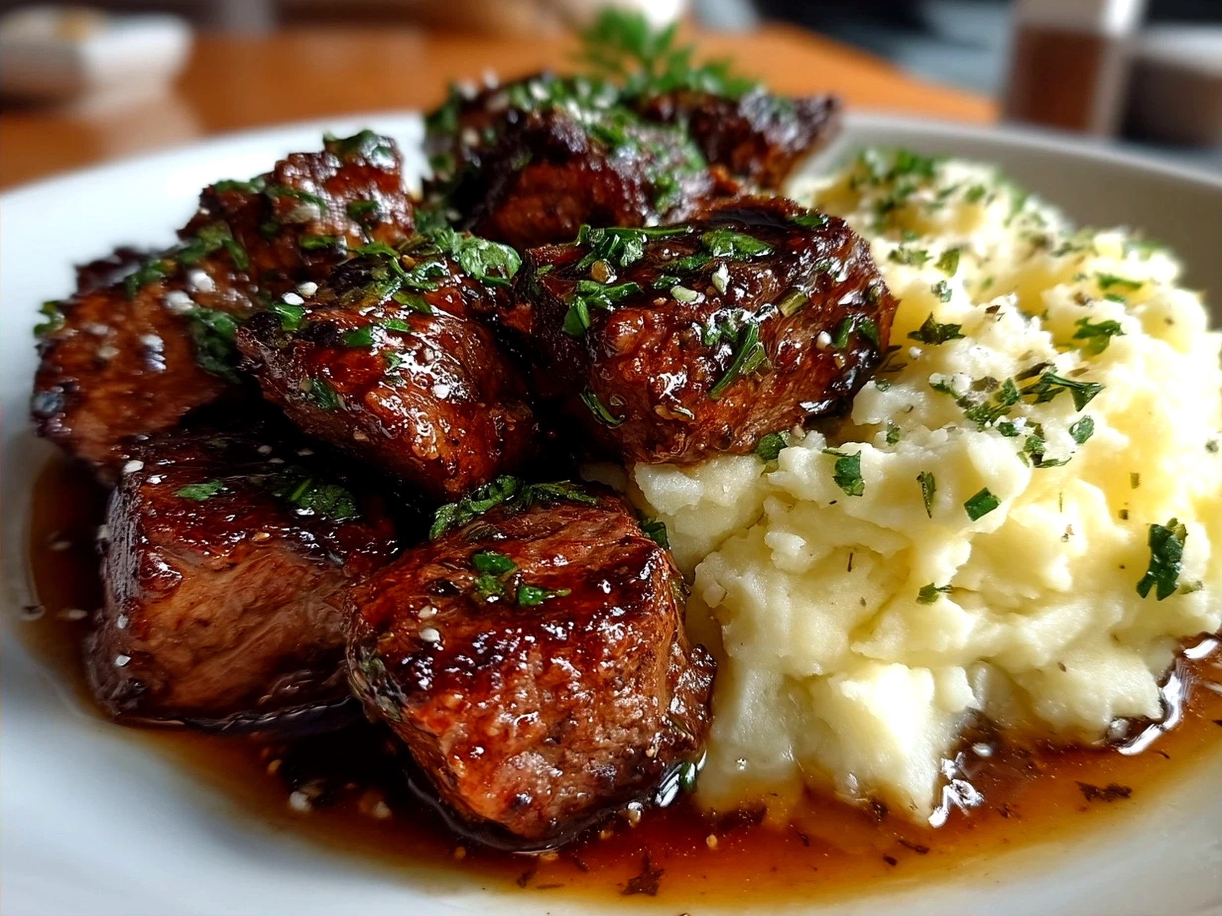 Garlic Butter Beef Bites with Creamy Mashed Potatoes served on plate 