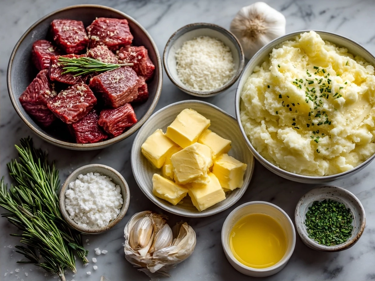 Ingredients for Garlic Butter Beef Bites with Creamy Mashed Potatoes