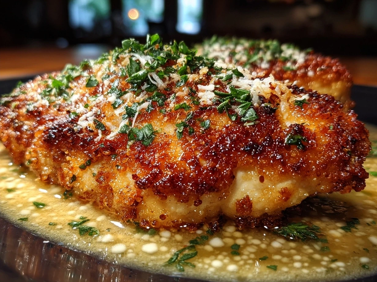 Served Garlic Parmesan Chicken with roasted broccoli and herbs on a white plate
