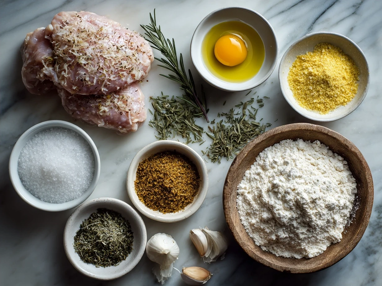 Ingredients for Garlic Parmesan Chicken Recipe arranged on a wooden surface