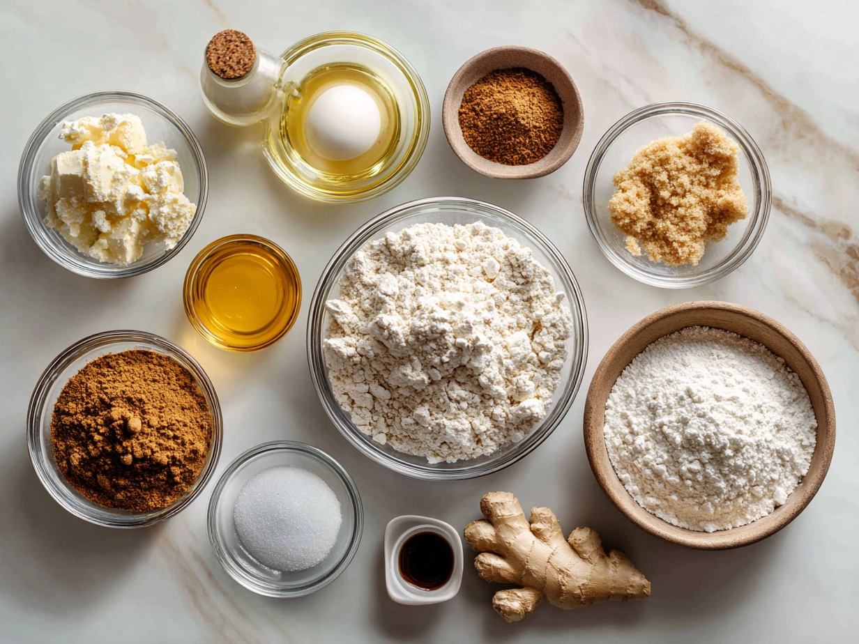 Ingredients for making gingerbread cake displayed in bowls on kitchen counter