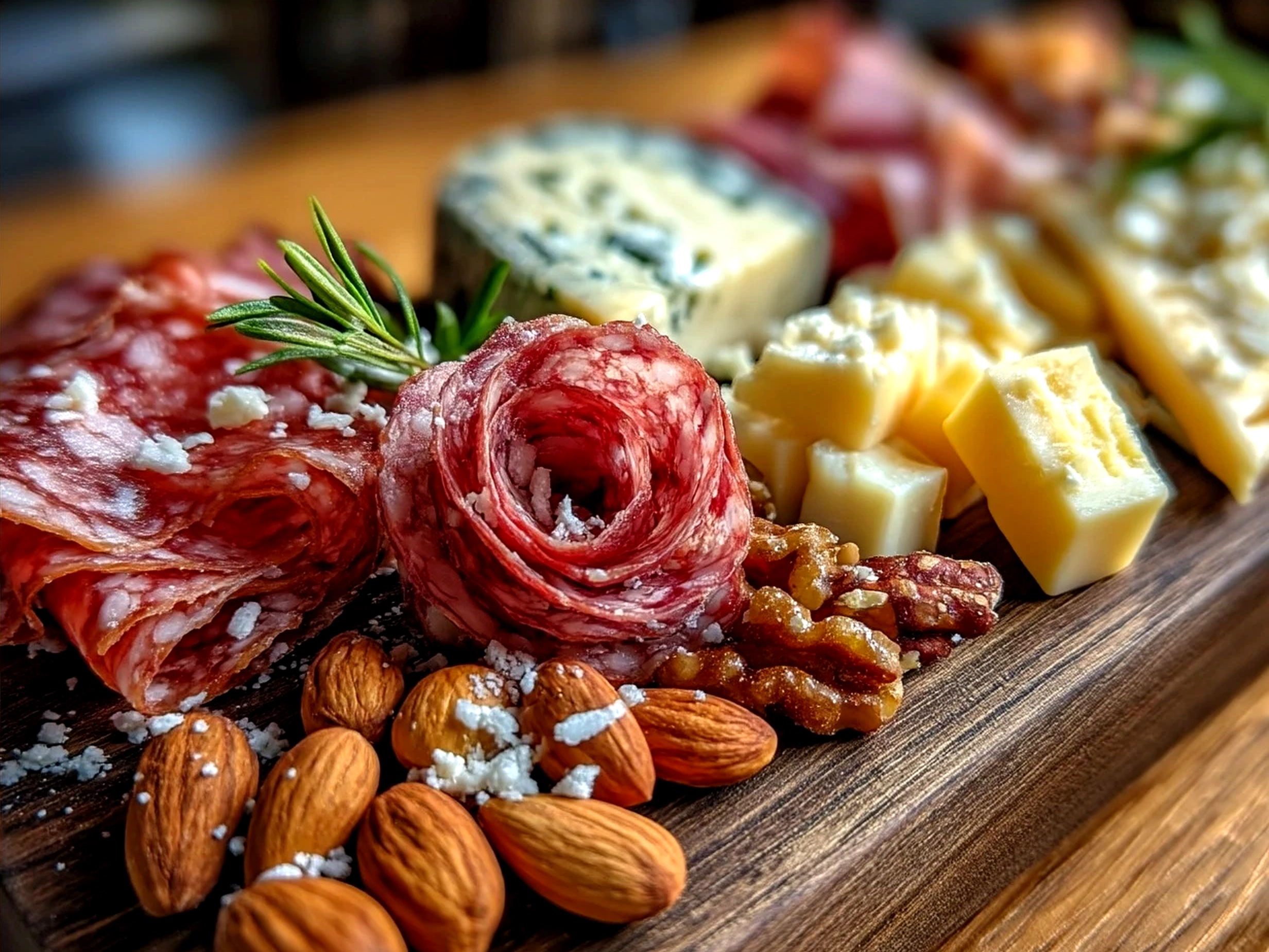A beautifully arranged gluten-free charcuterie board with a stunning salami rose surrounded by cheeses, nuts, fruits, olives, and crackers