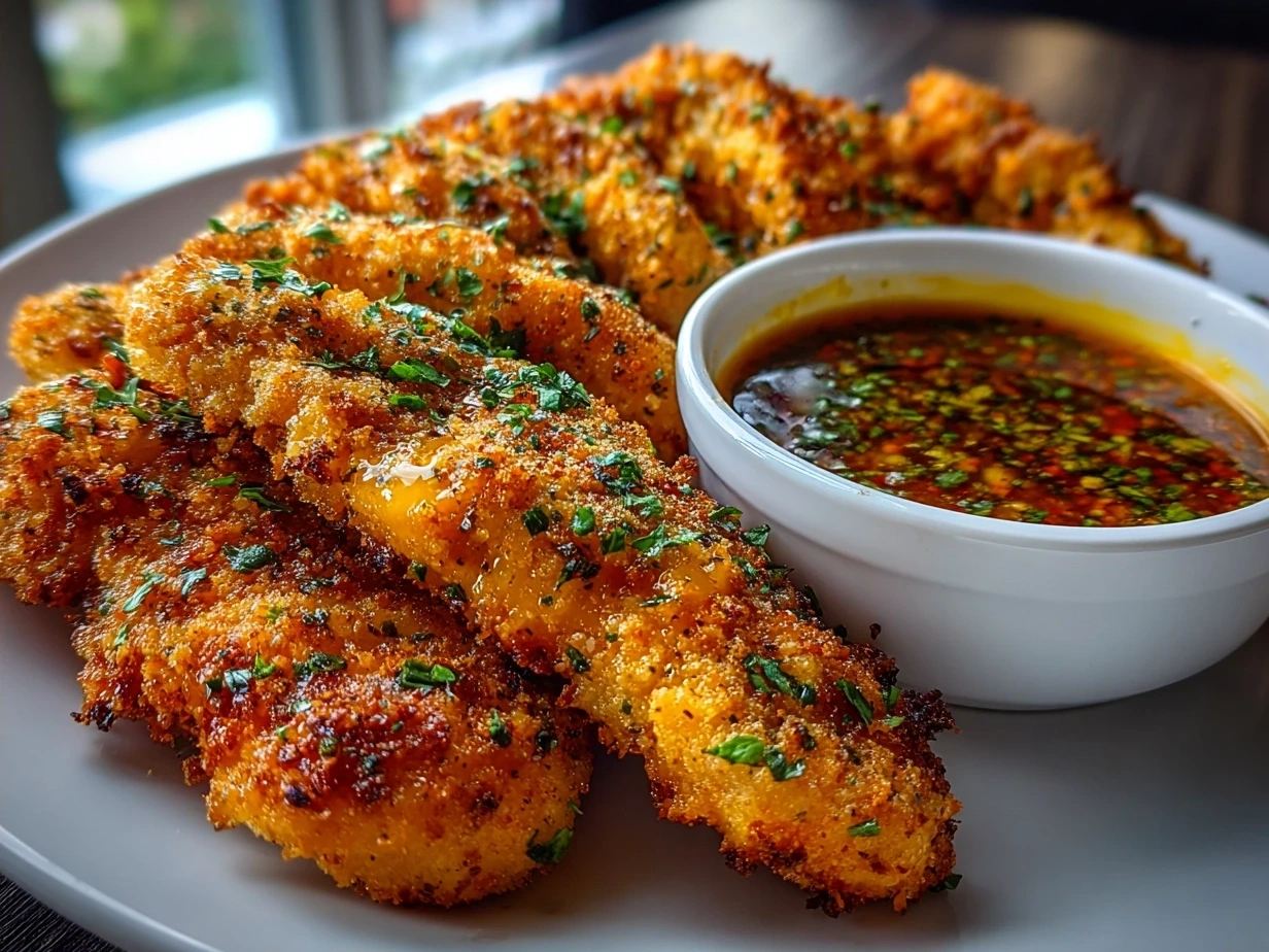 Plated Gluten Free Chicken Tenders served with dipping sauces and fresh vegetables
