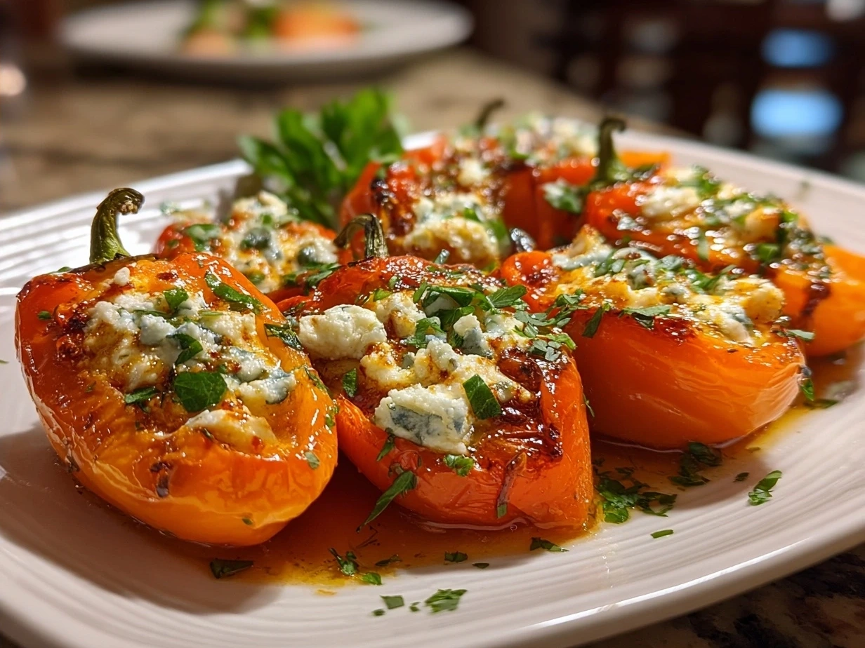 Ready to serve Goat Cheese Stuffed Mini Peppers on a wooden board garnished with fresh herbs