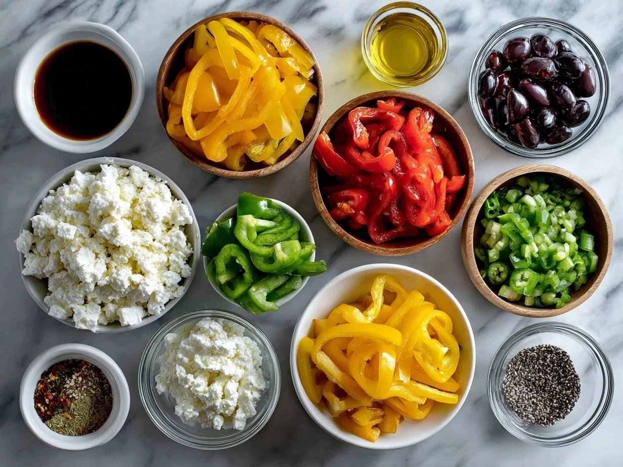 Ingredients for Goat Cheese Stuffed Mini Peppers laid out on a kitchen counter