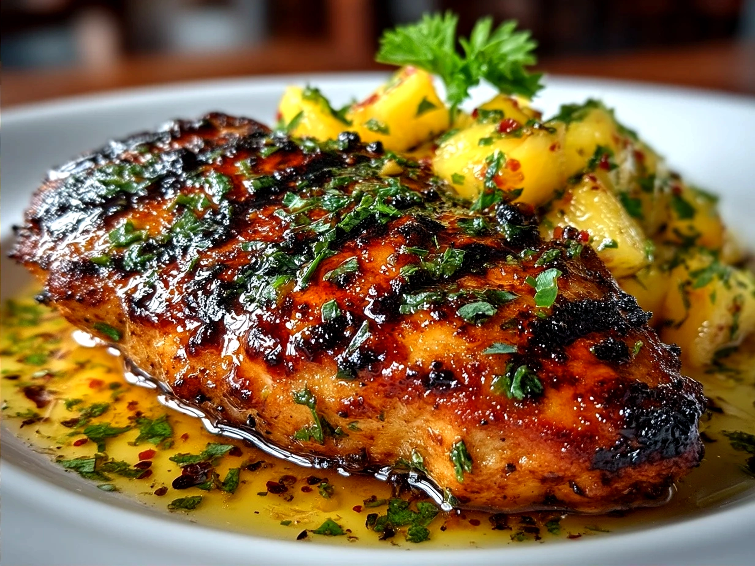 Plated Grilled Mango Pineapple Chicken served with rice and vegetables