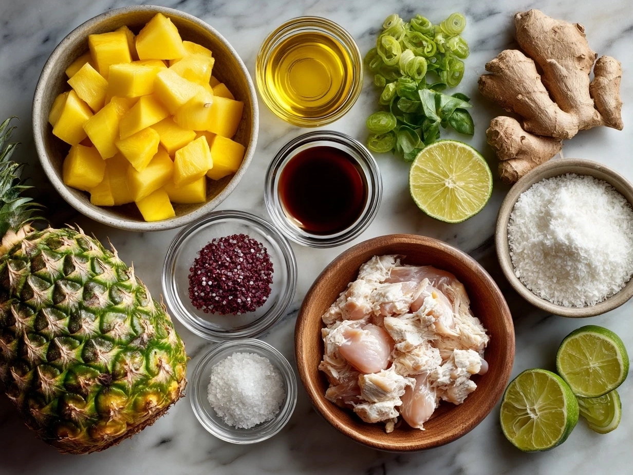 Ingredients for Grilled Mango Pineapple Chicken including mango, pineapple, chicken breasts and spices