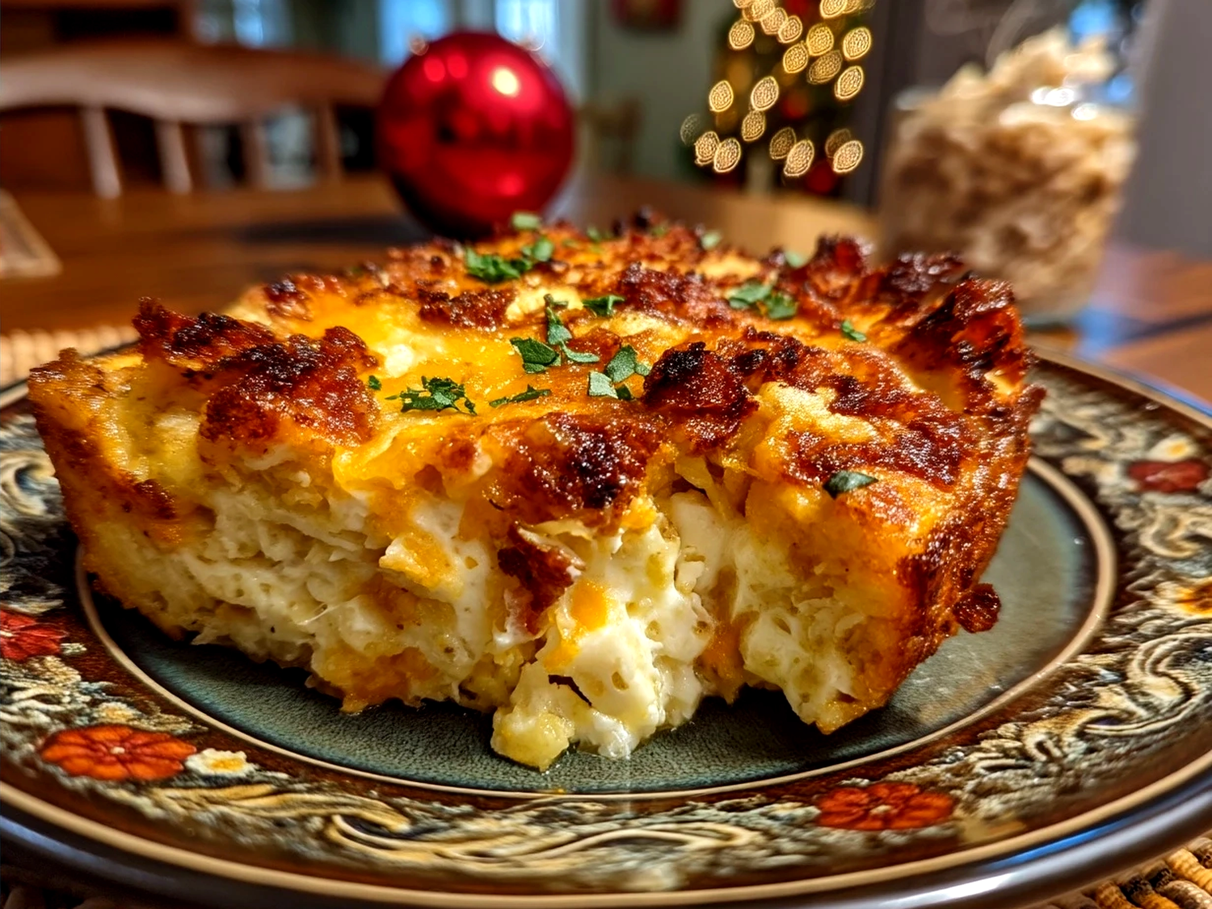 Serving a freshly baked hashbrown breakfast casserole on a plate